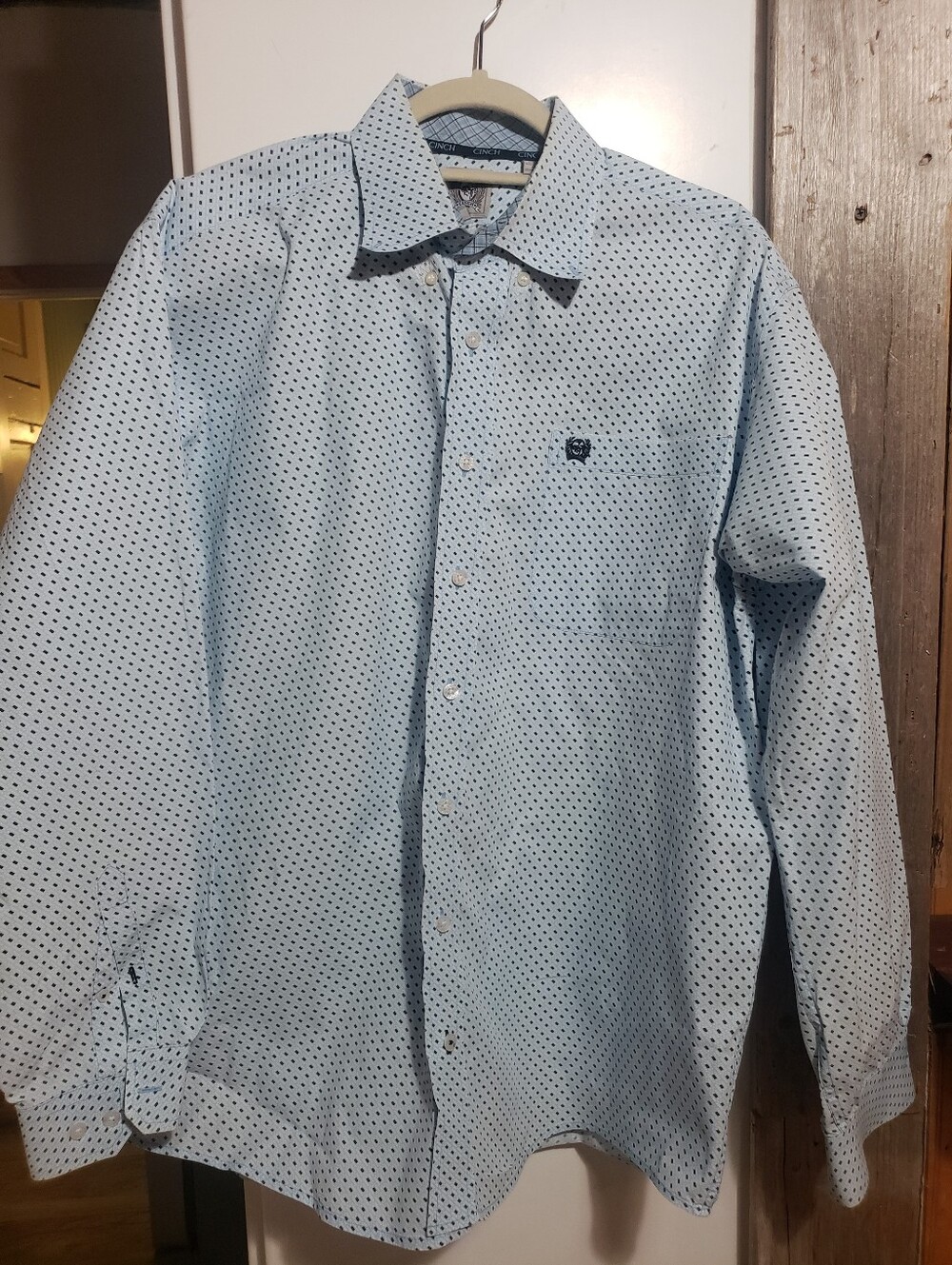 Cinch Baby Blue With Geometric Pattern Men Med Long Sleeve Button Down
